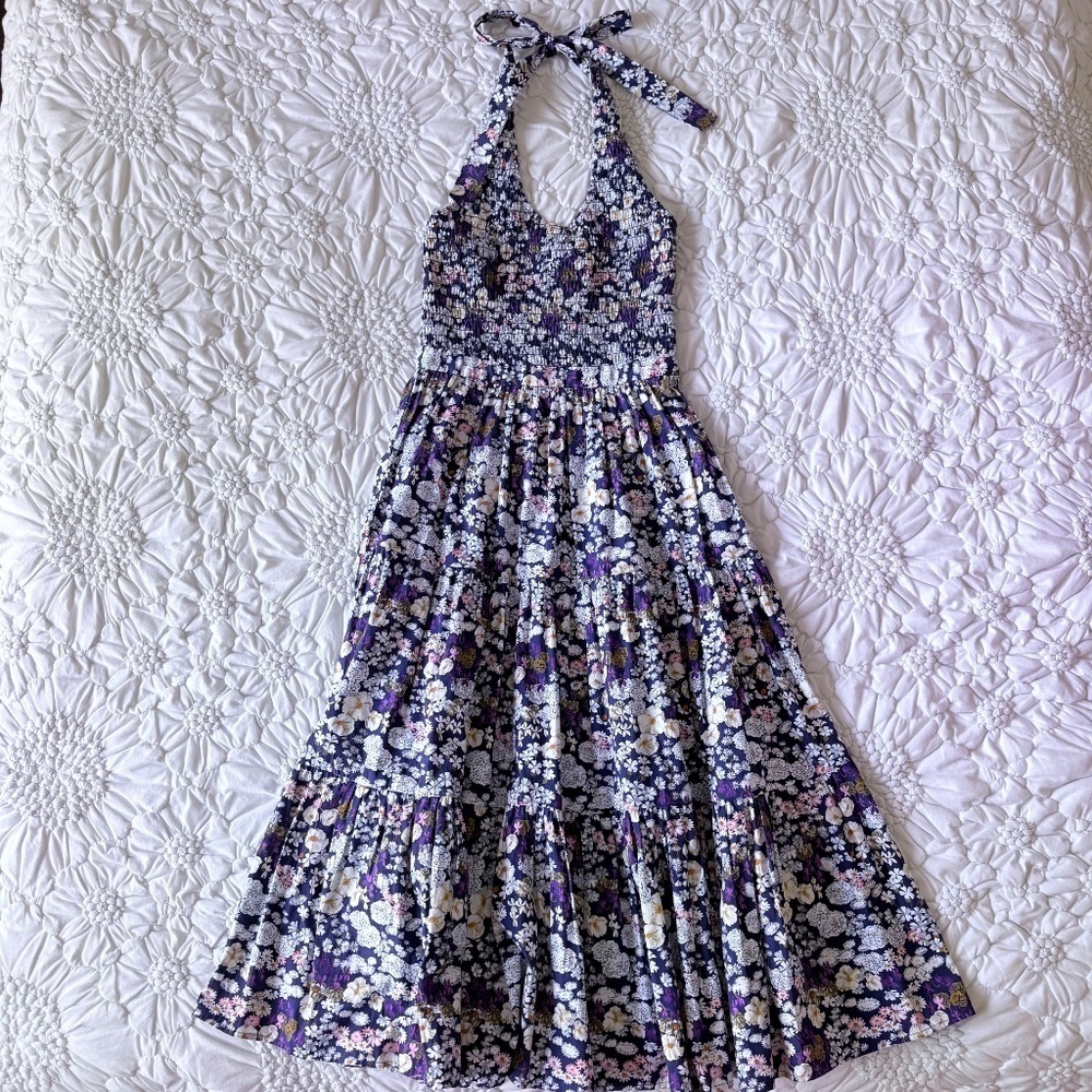 LES RÊVERIES Midi Dress Halter-Neck Floral Print Shirred Bodice 100% Cotton Sz 2 - Picture 5 of 14
